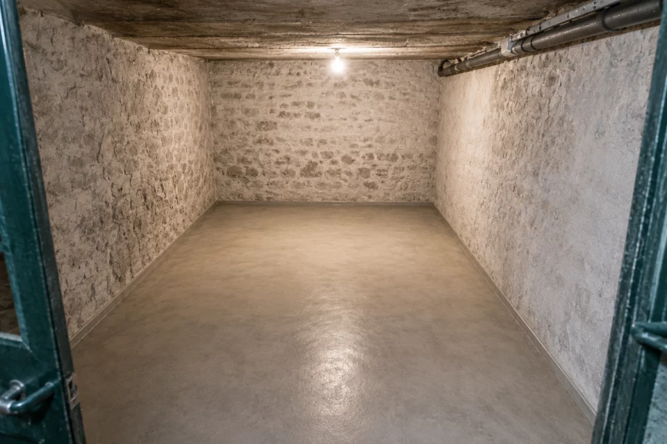 La cave dégagée, avec son sol et ses murs visibles