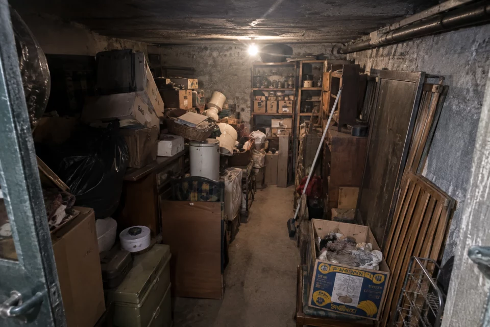 Une cave contenant des meubles et des cartons