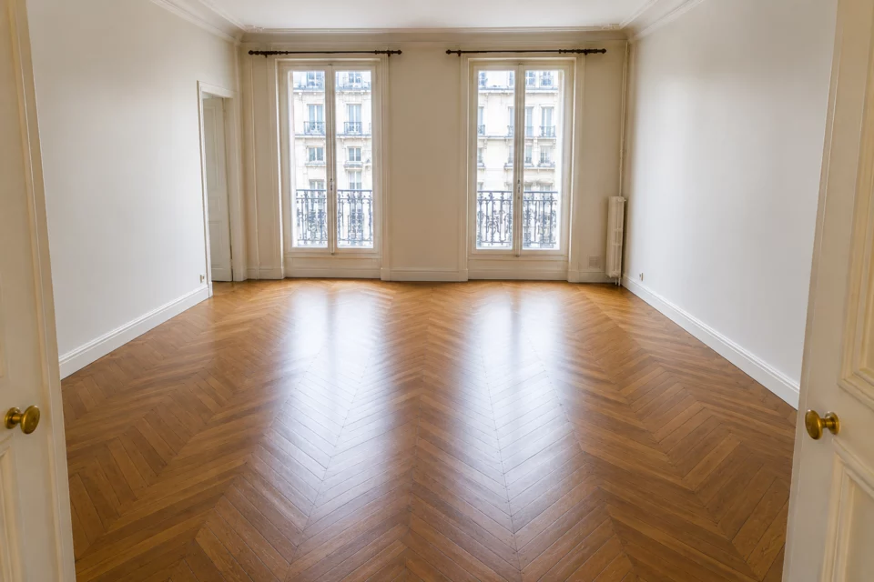 Le séjour dégagé, avec son parquet visible
