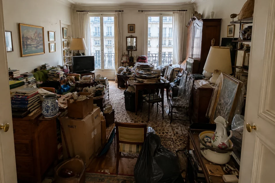 Un séjour encombré de meubles et de cartons